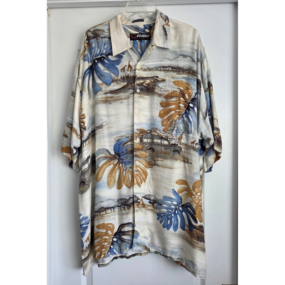 FUBU The Collection Safari Tropical Leaf Print Button Shirt Mens Sze 3XL Vintage